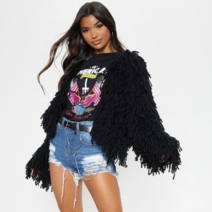 PrettyLittleThing Black Shaggy Knit Crop Cardigan